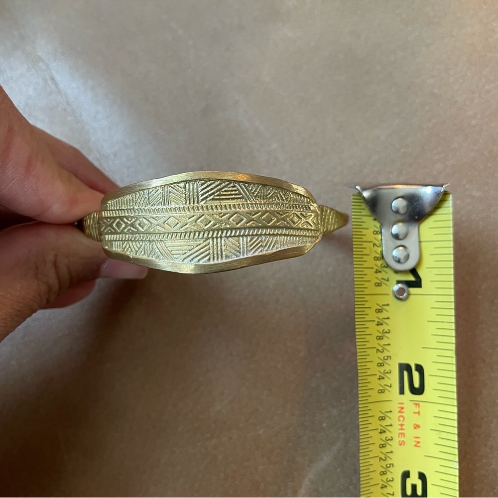 Geometric vintage brass cuff bracelet gold adjustable ID etch engraved signet - Picture 12 of 12